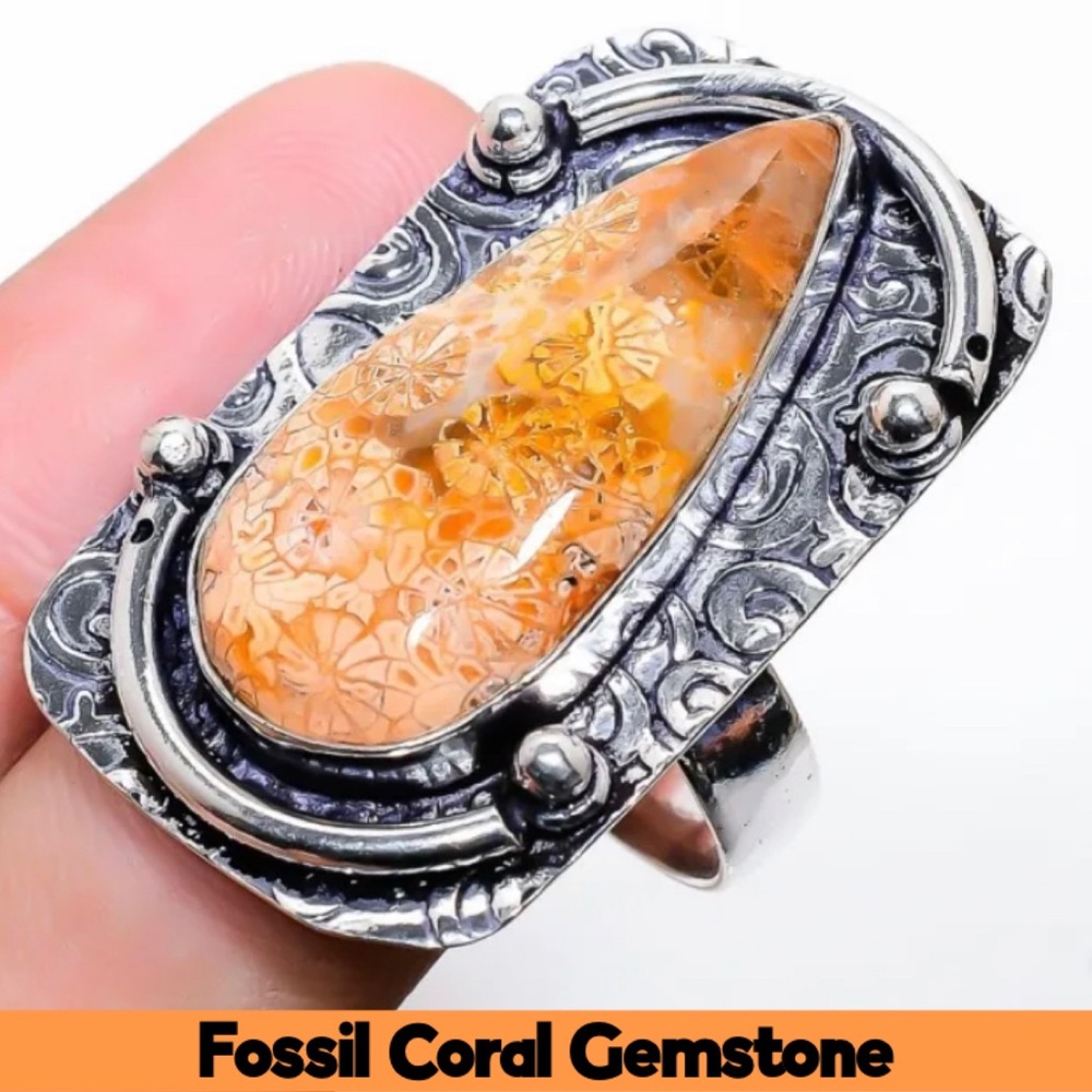 Fossil Coral Gemstone Handmade Halo Ring